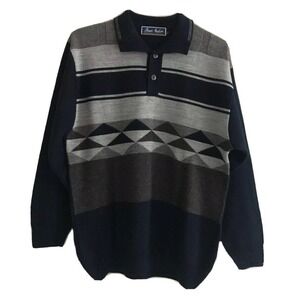 Marc Malon | Mens Size L Blue Popover Sweater Wool Long Sleeves Stripe Collar